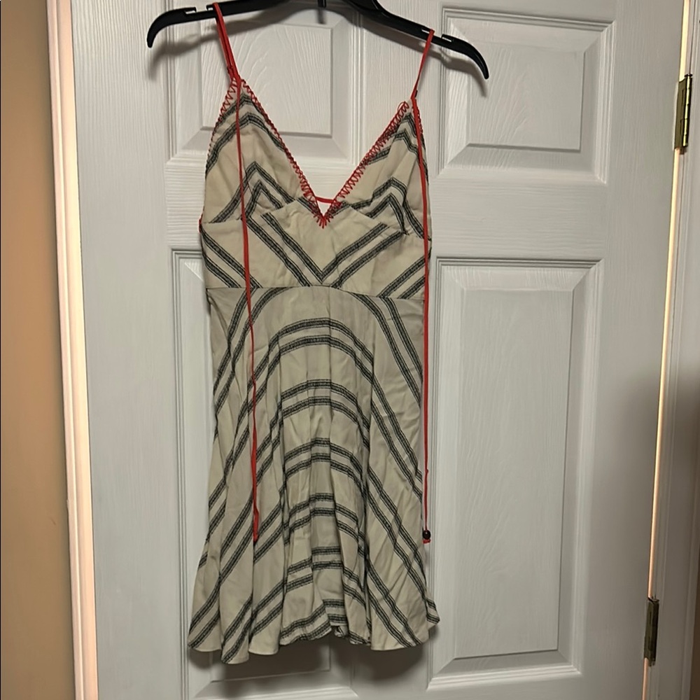 Ecote Striped Spaghetti Strap Top - tan  and Black with red straps